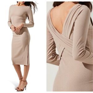 ASTR The Label Nude Cross Back Ribbed Midi Dress size M Tan Long Sleeve